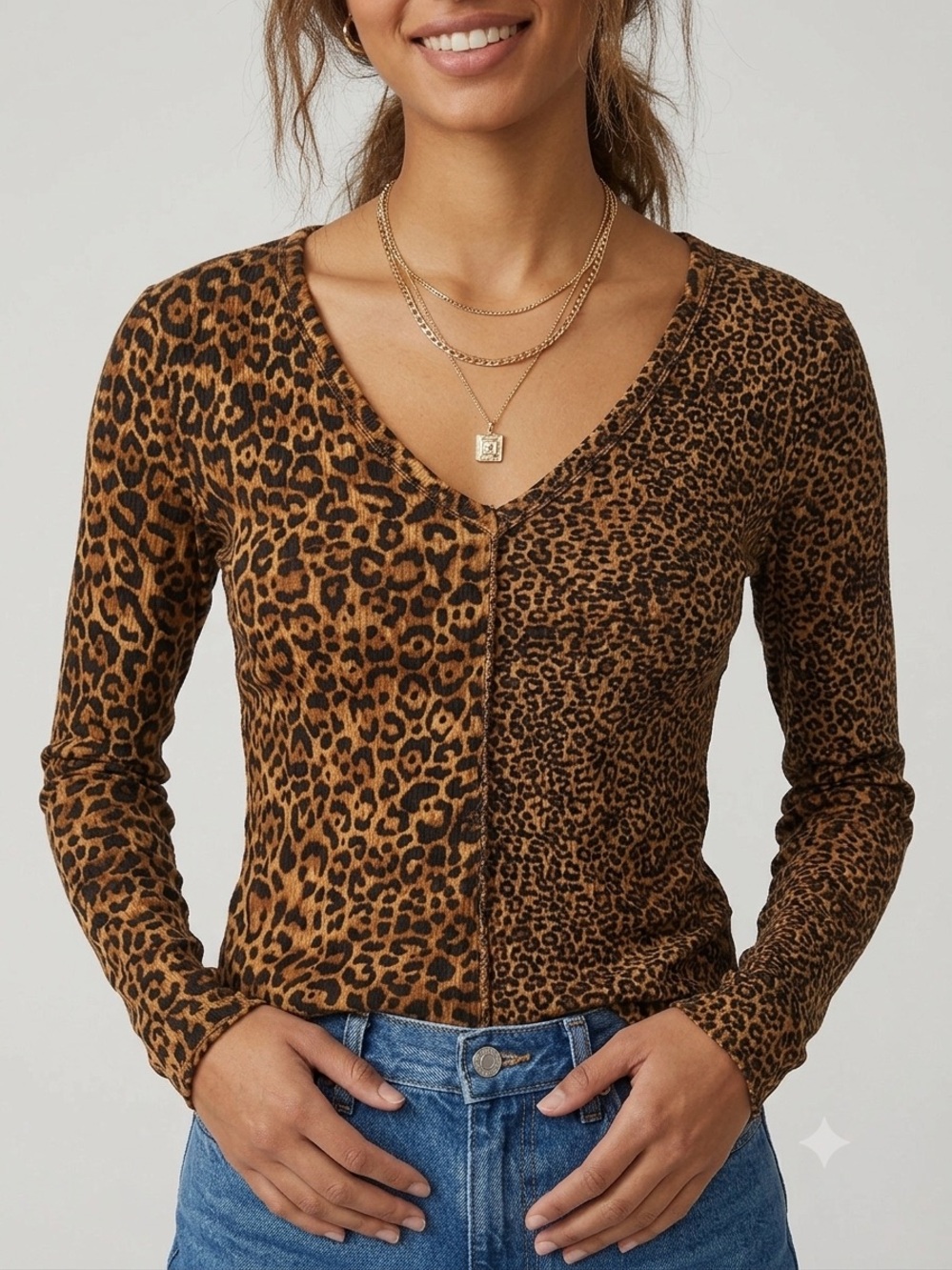 Anthropologie Leopard Print Long Sleeve V-Neck Top - Brown and Black